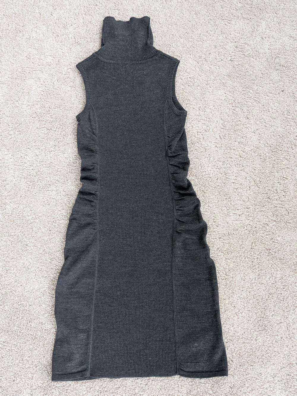 Calvin Klein Sleeveless Charcoal Gray Ribbed Wool Turtleneck Midi Dress